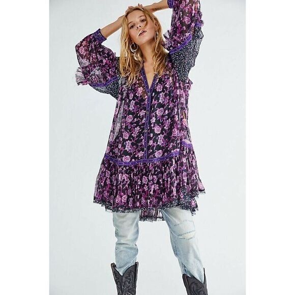 NEW FREE PEOPLE ROSEBUD PRINT MIX MINI DRESS TUNIC IN BLACK COMBO - Picture 1 of 3